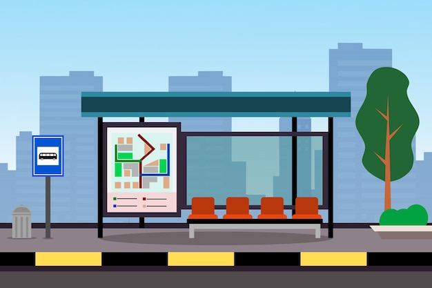 Vector bus stop with shelter on city street urban landscape with public transport station and buildings in background vector cartoon illustration