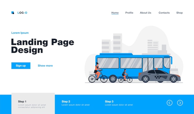 Bus, taxi and cyclist driving on city road landing page in flat style