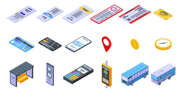 Bus ticketing icons set, isometric style