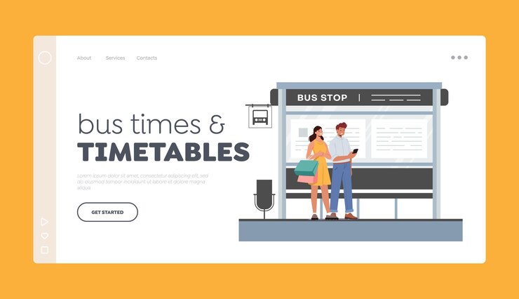 Vector bus times and timetables landing page template people on bus station man and woman characters wait commuter transport