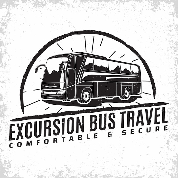 Logo della compagnia di viaggi in autobus, emblema dell'organizzazione di escursioni o noleggio di autobus turistici, francobolli di stampa di agenzie di viaggio, emblema di tipografia di autobus,