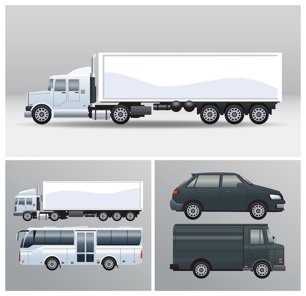 Vector bus and trucks with vehicles mockup style