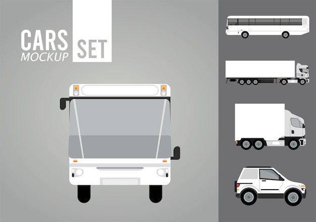 Bus wit en set voertuigen mockup