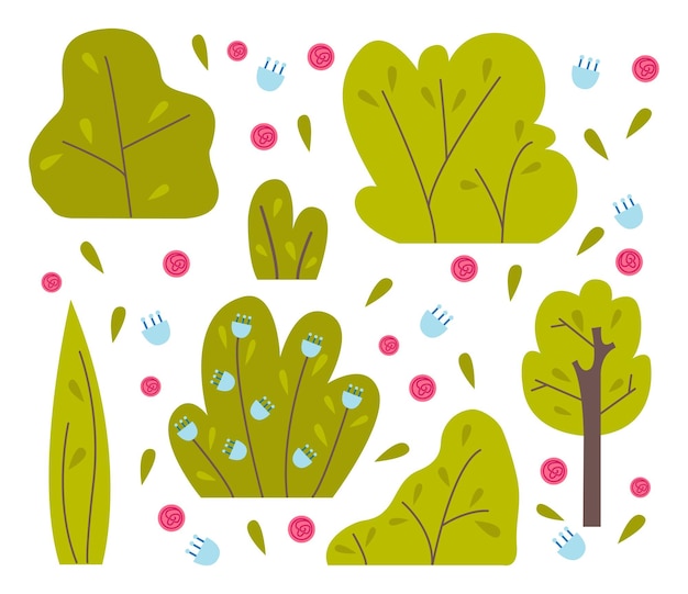 Vector bushes and trees with flowers floral design for patterns flat vector illustration