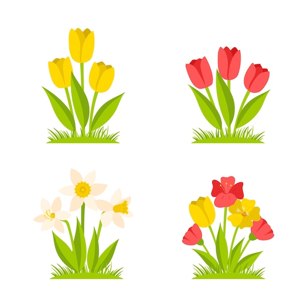 Vector bushes of tulips and daffodils. spring flowers.