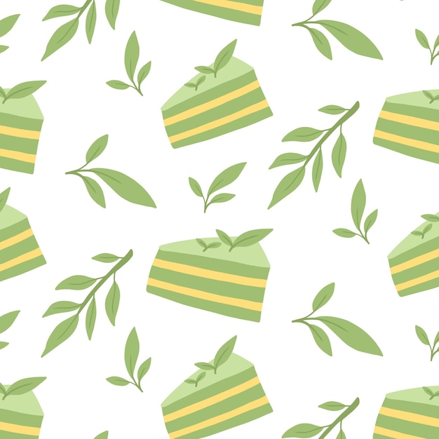 Bushy pattern with tea leaves Pattern with tea and cake Wallpaper with a piece of cake Vector illustration