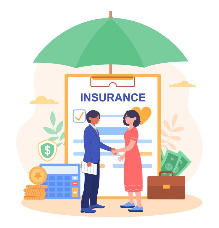 Vector busines insurance concept business woman has insured her company signing of a legal document a