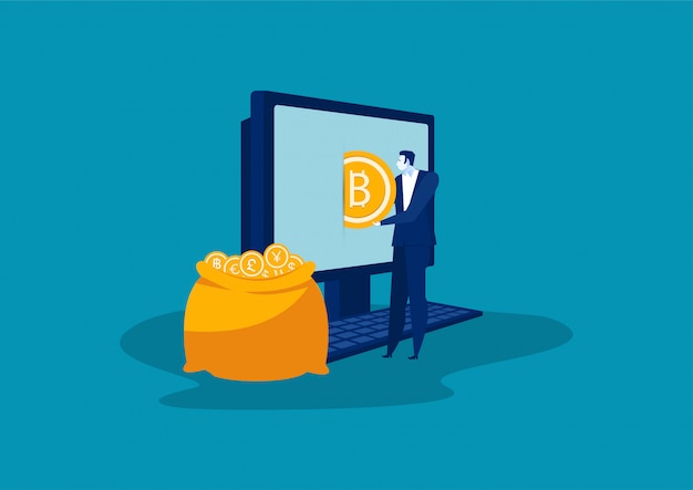 Vector businesman puts golden bitcoins in a bag from a laptop.vector