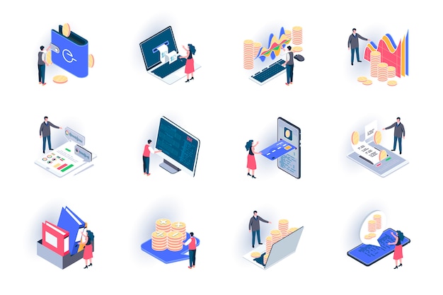 Business accounting isometric icons set. financial management, consulting and audit service flat illustration. stock trading, investing analytics 3d isometry pictograms with people characters.