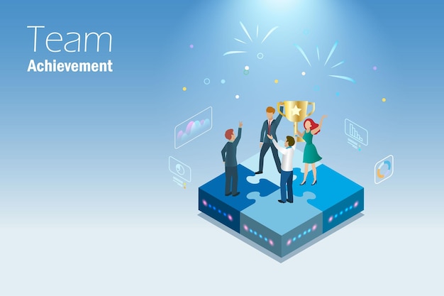 business achievement teamwork collaboration and partnership success businessman team hold trophy cup