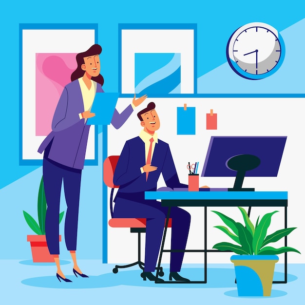 Business activity interaction people in office working together start up flat illustration