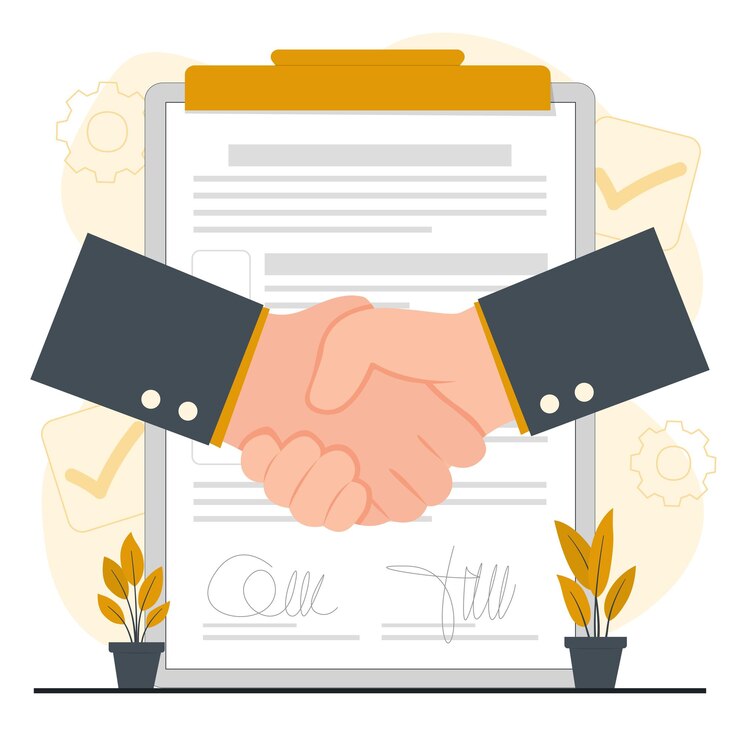 Business agreement concept with set of handshake and contract vector illustration