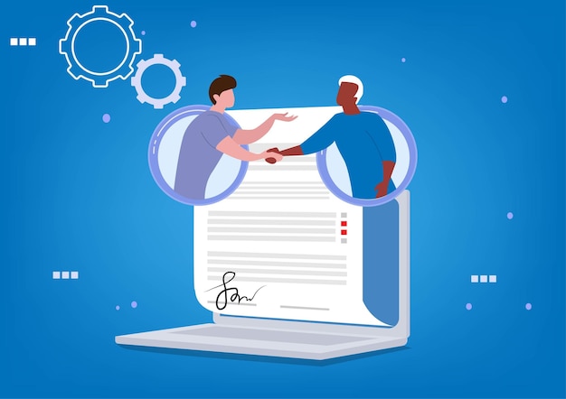 Business agreement contract concept through online with symbol illustration holding hands of two businessmen flat style cartoon illustration vector