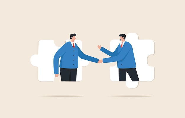 ビジネス契約パートナーまたは調整協力関係を支援または構築することは成功につながりますジグソー パズルのビジネスマンの握手