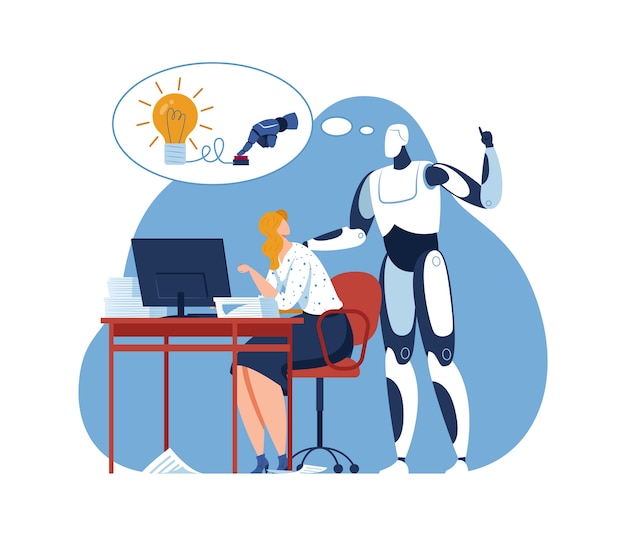 Business ai robot flat machine make idea, illustration. Human and artificial intelligence innovation character at creative cartoon work. Robotic creativity automation technology help.