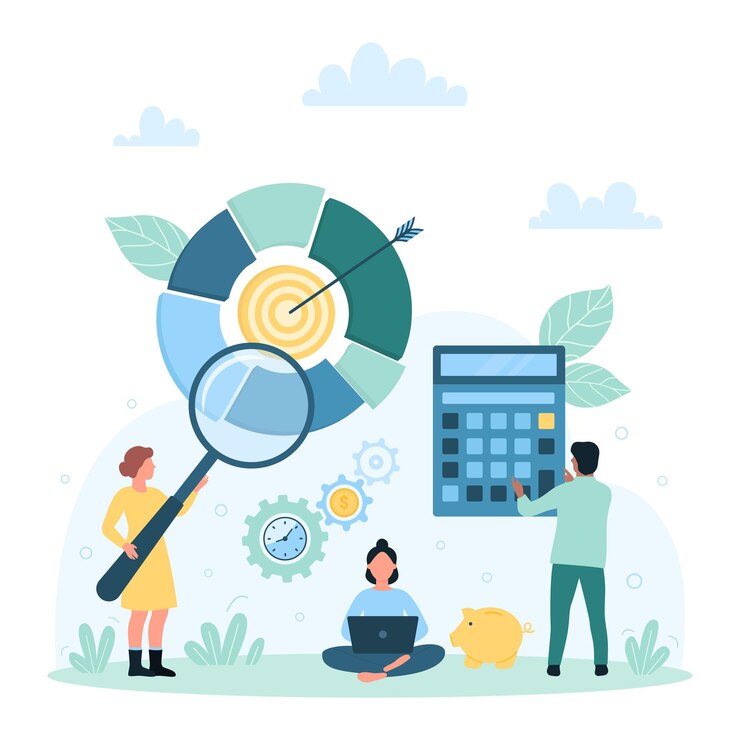 Vector business analysis analytics tiny people analyze pie chart with magnifying glass