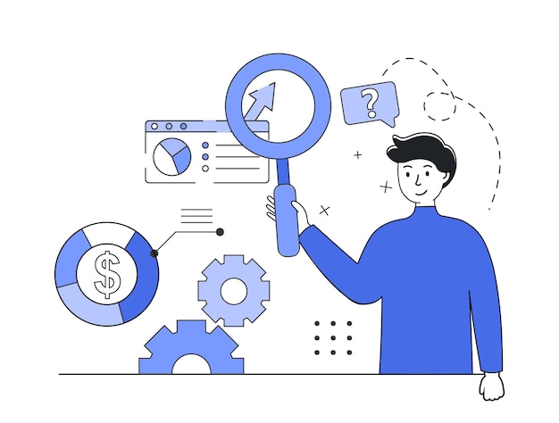 Business analysis concept Man with magnifying glass in modern outline style Vector illustration concept