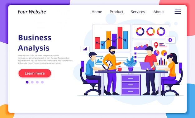 Концепция бизнес-анализа, люди, сидящие на столе, работают с диаграммами и графической визуализацией данных. шаблон целевой страницы сайта