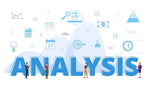 Business analysis concept with big words and people surrounded by related icon spreading with modern blue color style