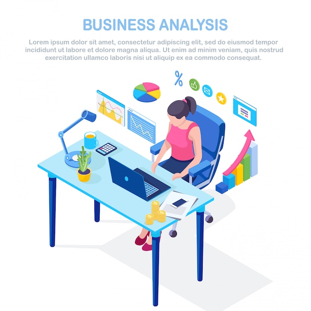 Business analysis, data analytics, research statistic, planning. isometric 3d woman working at desk in office. graph, charts, diagram. people analyze, plan development, marketing.