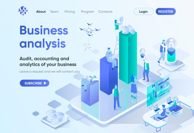 Business analysis isometric landing page. professional audit, accounting and analytics service. consulting company template for cms and website builder. isometry scene with people characters.