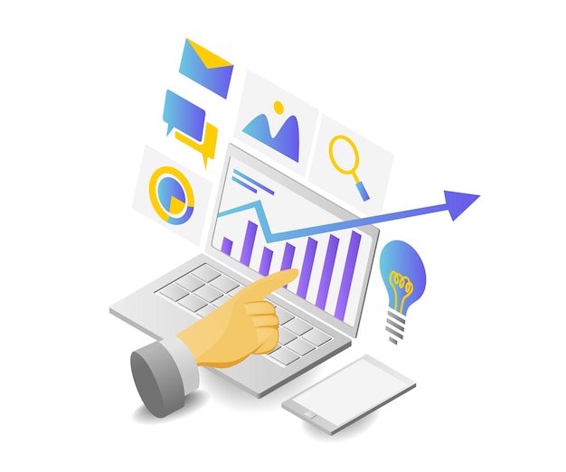 Business analysis isometric style illustration with laptop