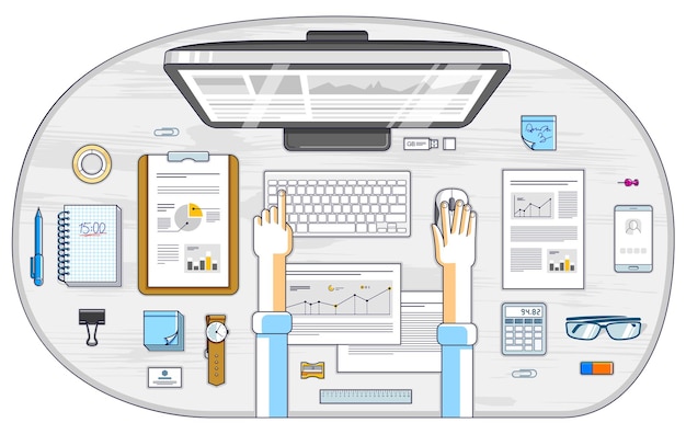 Business analysis, office worker or entrepreneur businessman working on a PC computer and papers with financial analytics, top view of work desk with stationery and documents and hands. Vector.