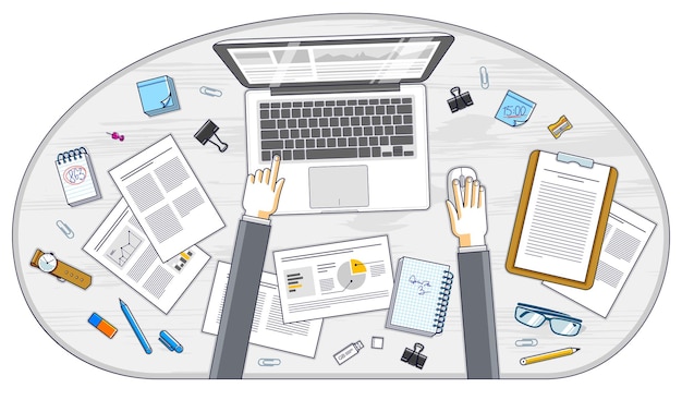 business analysis, office worker or entrepreneur businessman working on a pc notebook and papers with financial analytics, top view of work desk with stationery and documents and hands. vector.