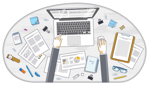 Business analysis, office worker or entrepreneur businessman working on a PC notebook and papers with financial analytics, top view of work desk with stationery and documents and hands. Vector.