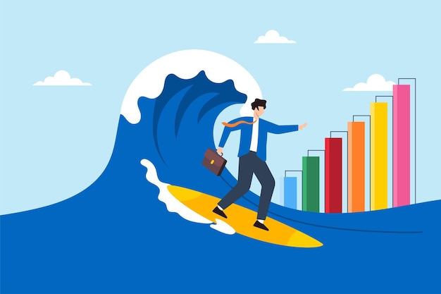 business analyst riding wave of financial charts surfing market trends concept vector illustration