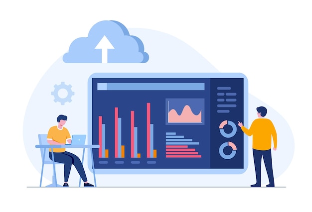 Business analyst with cloud services, database security, accounting concept, flat illustration vector