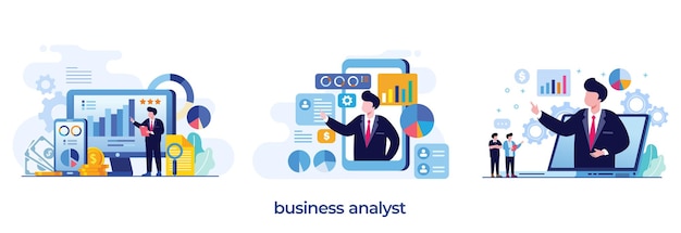 Аналитическая панель данных бизнес-аналитика и отчет о финансах бизнеса концепция инвестиций в бизнес-финансы группа анализа данных бизнес-аналитик плоский вектор