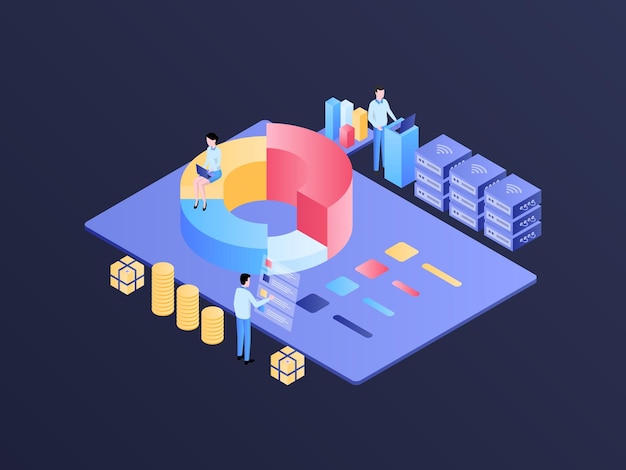 Business analytic isometric illustration dark gradient suitable for app website banner infographics