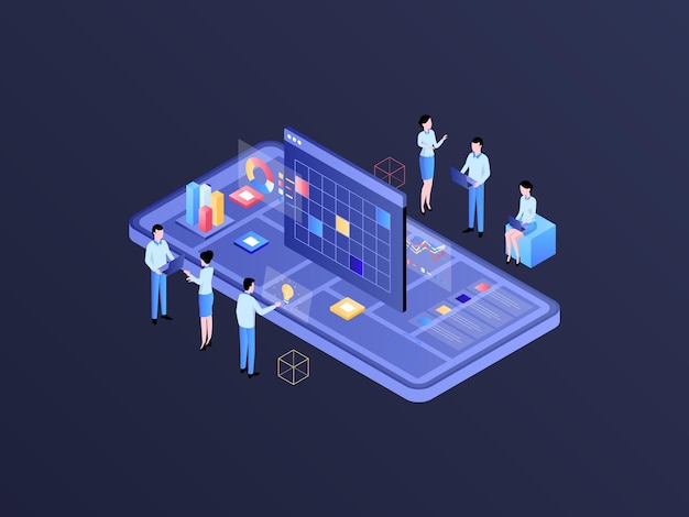 business analytic isometric illustration dark gradient suitable for mobile app website banner diagrams infographics and other graphic assets