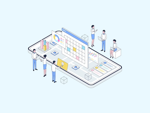 Business Analytic Isometric Illustration Lineal Color. Suitable for Mobile App, Website, Banner, Diagrams, Infographics, and Other Graphic Assets.