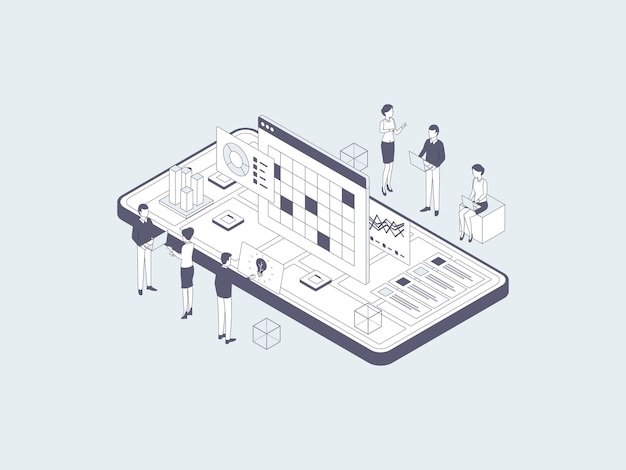 Vector business analytic isometric illustration lineal grey. suitable for mobile app, website, banner, diagrams, infographics, and other graphic assets.
