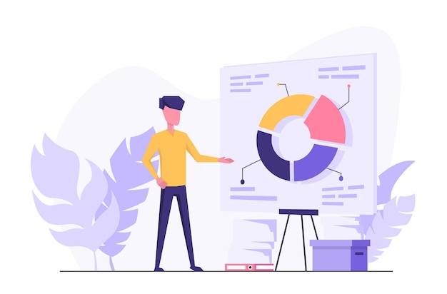 Business analytic. A man does business analytics. On the board is a diagram with indicators