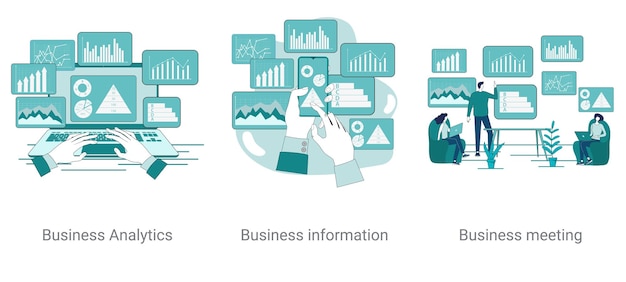 벡터 비즈니스 분석 비즈니스 정보 및 비즈니스 회의 벡터 일러스트 세트