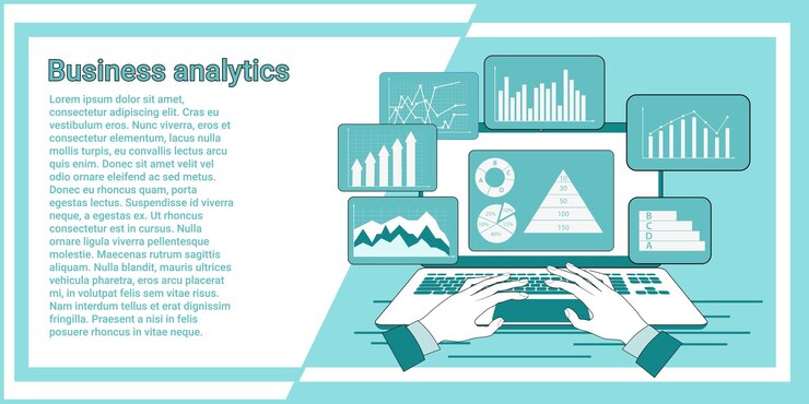 Vector business analytics a businessman on a laptop studies graphs and data for doing business