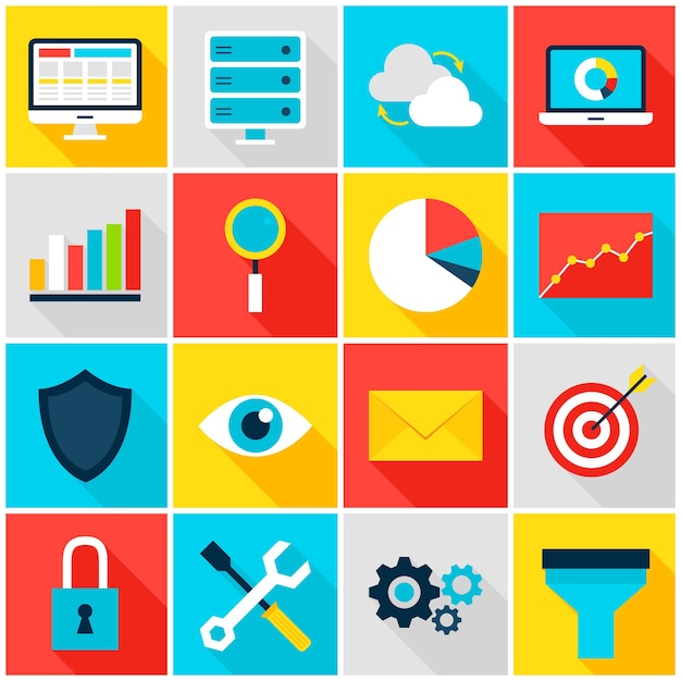 Business analytics colorful icons. vector illustration. big data set of flat rectangle items with long shadow.