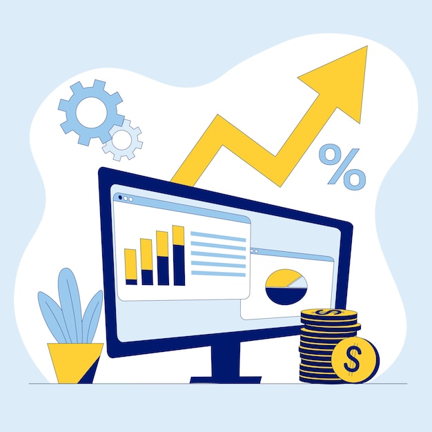 Business analytics concept the monitor screen with chart and diagram flat vector illustration