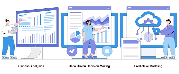 Vector business analytics datadriven decision making predictive modeling concept with character data analysis abstract vector illustration set insights extraction data visualization metaphor
