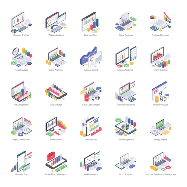 Business analytics pack of isometric icons