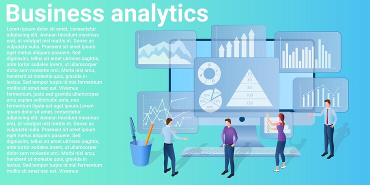 Vector business analytics people study business strategy on the background of a laptop with graphs