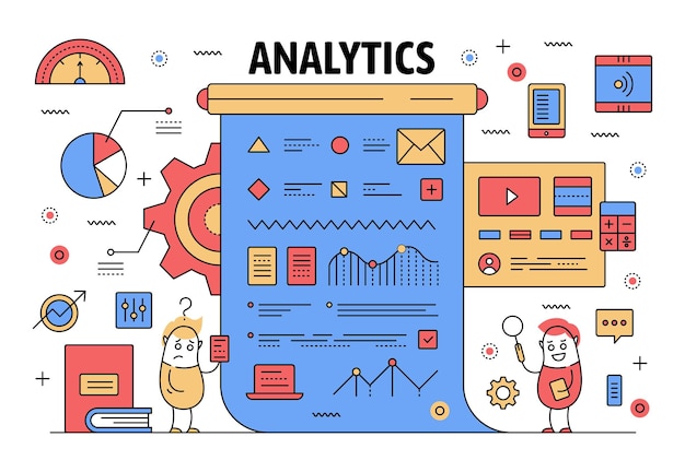 비즈니스 분석 포스터 배너 템플릿 터 은 라인 아트 평평한 스타일 디자인 사무실 직원 재미 만화 캐릭터 비즈니스 기호 웹 사이트 배너 및 인쇄 자료에 대한 아이콘