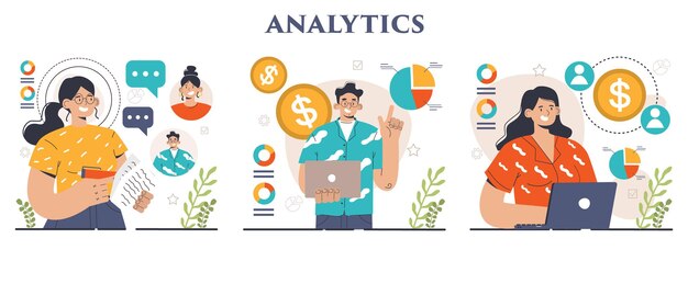Набор бизнес-аналитики анализ данных и разработка стратегии оптимизация финансовых операций исследование рынка и обработка статистики плоская векторная иллюстрация