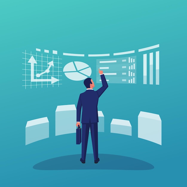 Бизнес-аналитика диаграмма бизнесмена на рабочем месте на большом экране стратегия и планирование аудиторская проверка финансового отчета бухгалтерские исследования векторный плоский дизайн данные и инвестиции