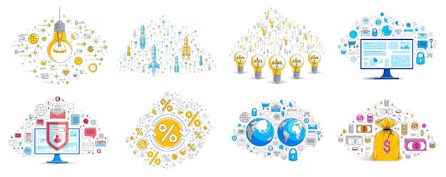 Бизнес и финансы тема различных векторных иллюстраций набор с большим количеством простых значков, модные дизайнерские рисунки коллекции коммерческих тем, разнообразие символов и знаков.