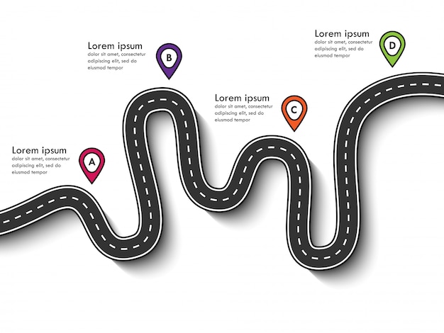 핀 포인터 및 데이터에 대 한 장소 비즈니스 및 여행 Infographic 템플릿. 구불 구불 한 도로
