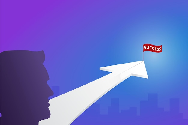 business arrow concept with businessman looking at arrow flying towards success